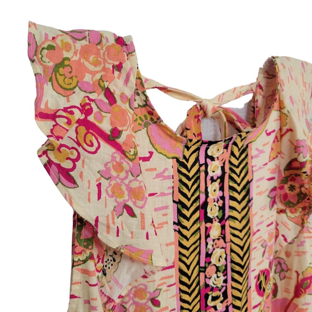 Free People NWT Size L Dress Mini Linen Blend Floral Keyhole Back Pullover Pink - Picture 9 of 13